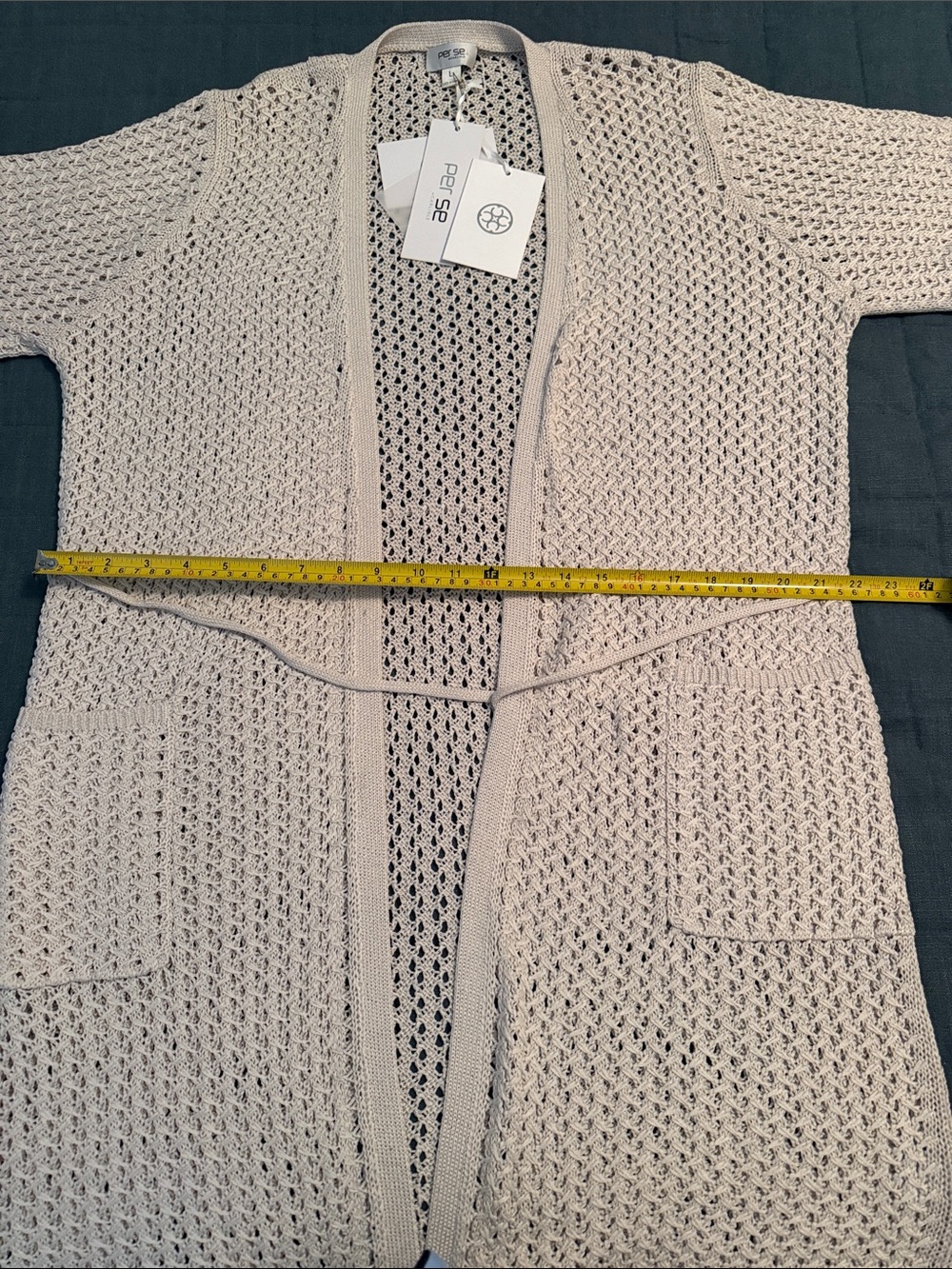 NWT. Italian Per Se Cream Open-Weave Belted Cardigan/Beach Cover-up/Jacket. - Picture 9 of 9